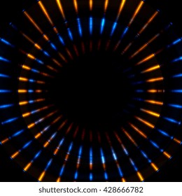 Bright glowing beams stripes vector illustration. Abstract shiny illuminated background. Iridescent orange and blue stripes beams