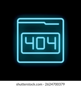 Bright glowing blue neon 404 error page not found symbol sign on a black background