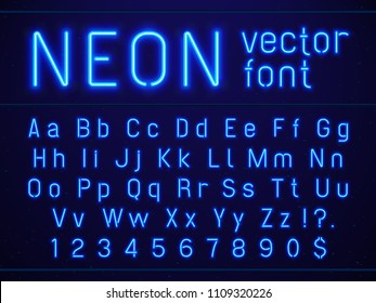 Bright glowing blue neon alphabet letters and numbers font. Nightlife entertainments city light, modern bars, casino illuminated sans serif lettering numbers included vector signs on dark background