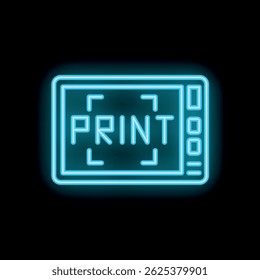 Bright glowing blue neon icon of a print screen button on a black background