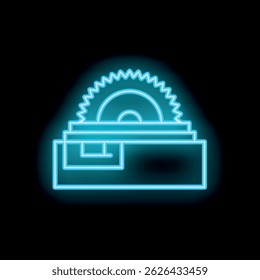 Bright glowing blue neon icon of a table saw, a woodworking power tool for cutting wood, on a black background