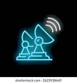 Bright glowing blue neon satellite dish on a black background, transmitting a data signal