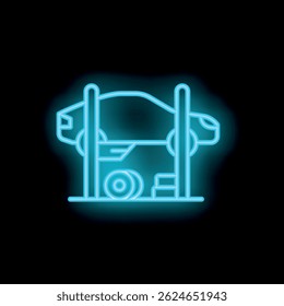 Bright glowing blue neon sign depicting car service with automobile lifted on jack, isolated vector illustration on black background