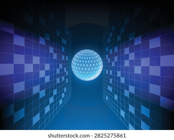 A bright, glowing blue wireframe sphere floats centered between two converging gridded walls in a dark futuristic tunnel. Blue tiles light up parts of the grid pattern, leading toward the central sphere.