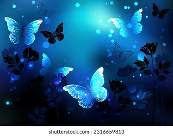 Bright, glowing butterflies on blue, night, glowing background with silhouette flowers of wild plants.