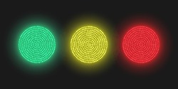 Bright glowing circles consisting of LEDs. Traffic lights of red, yellow and green colors. Vector illustration.