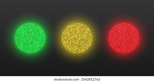 Círculos brilhantes consistindo de LEDs de brilho diferente. Semáforos de cor vermelha, amarela e verde. Ilustração vetorial.