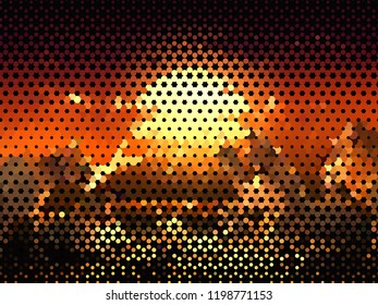 Bright glowing circles on dark background. Halftone effect. Abstract geometric pattern. Scalable vector graphics