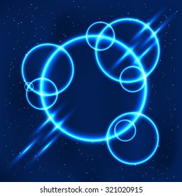 Bright glowing circles (rings) on a deep night sky. Vector space technology design, wallpaper or poster