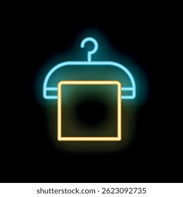 Bright glowing colorful neon icon for laundry service or hotel room on a black background