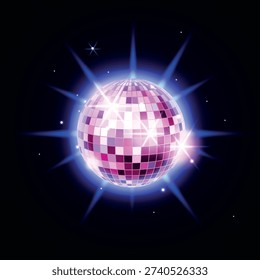 Bright Glowing Disco Ball Isolated On Black Background. Vector Disco party shining mirror spot light . Nightclub glittering retro glass element
