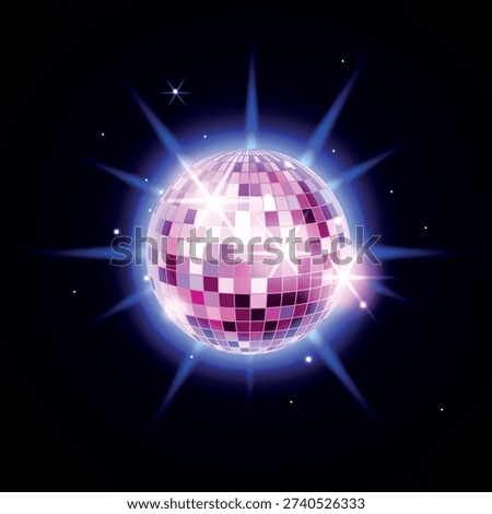 Bright Glowing Disco Ball Isolated On Black Background. Vector Disco party shining mirror spot light . Nightclub glittering retro glass element