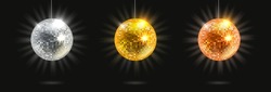 Bright Glowing Disco Balls Set Isolated On Black Background. Vector 3d Illustration
