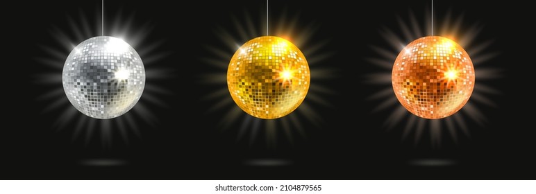 Bright glowing disco balls set isolated on black background. Vector 3d illustration
