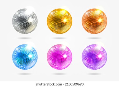 Bright glowing disco balls set isolated on white background. Vector 3d illustration