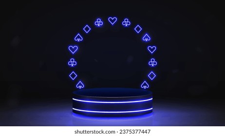 A bright glowing empty 3D podium with a neon frame of hearts, spades, diamonds and crosses poker suits on a black and blue background. A concept for a casino.