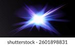 Bright glowing explosion of light, abstract energy burst, radiant star flare, dynamic cosmic effect, futuristic illumination, vibrant shine with blue and purple beams, high-intensity optical glow.