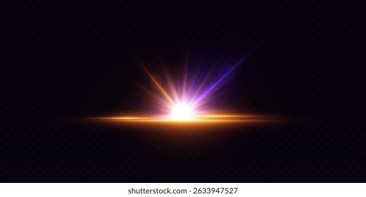 Una brillante y brillante explosión de rayos púrpura y dorado. Sobre un fondo oscuro.