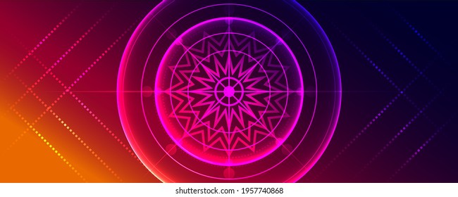Bright glowing fantastic ornament on a red-blue background. Futuristic mandala.