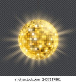 Bright glowing golden disco ball. Template isolated on transparent background. Stock vector mockup.