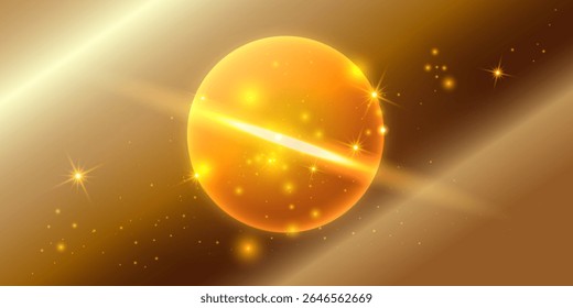 Hell leuchtende goldene Kugel mit Lichtstrahlen und glitzert auf weichem Farbverlauf-Hintergrund. Die leuchtende Kugel strahlt warme Sterne und magisches Leuchten aus und ruft eine festliche und verträumte Atmosphäre hervor. 
