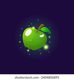Bright glowing green apple with lear flat style, vector illustration isolated on blue background. Decorative design element for gambling, casino. Single object for online games