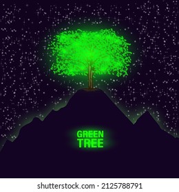 Bright glowing green deciduous tree on top of a mountain. Starry night space sky. Fantasy vector nature