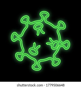 Bright glowing green medical scientific digital neon sign for hospital laboratory pharmacy with coronavirus pandemic virus on black background. Vector illustration.