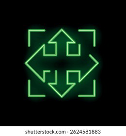 Bright, glowing green neon sign is showing four arrows pointing in all directions inside a square on a black background