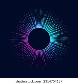 Bright glowing halftone neon circle with gradient rays from dots for disco