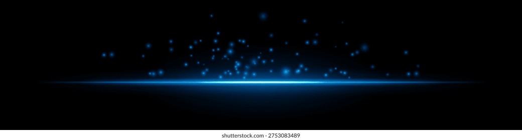 Bright glowing horizon particles composition. Bright horizontal light line, scattered spark dots above, radiant center, dark gradient backdrop, fiery atmosphere, floating embers, luminous glow texture