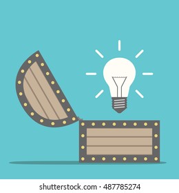 Bright glowing light bulb appearing from wooden treasure chest. Idea, insight and innovation concept. Flat design. EPS 8 vector illustration, no transparency