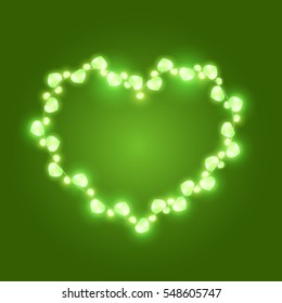 Bright glowing light bulb in shape of heart on green. Beautiful background for valentine's day. Template for design of posters, covers and postcards. Vector illustration.
