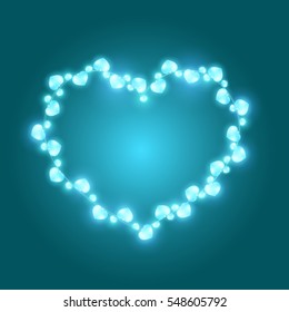 Bright glowing light bulb in shape of heart on blue. Beautiful background for valentine's day. Template for design of posters, covers and postcards. Vector illustration.