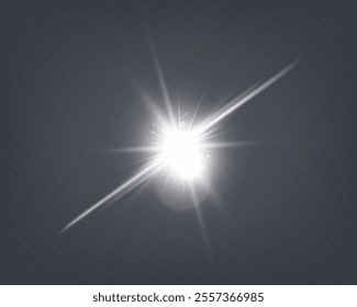 Bright glowing light burst with soft edges and subtle rays on a transparent background, suitable for overlays and design projects.