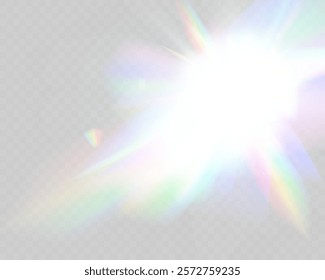 Bright glowing light burst with soft edges and subtle rays on a transparent background, suitable for overlays and design projects.
