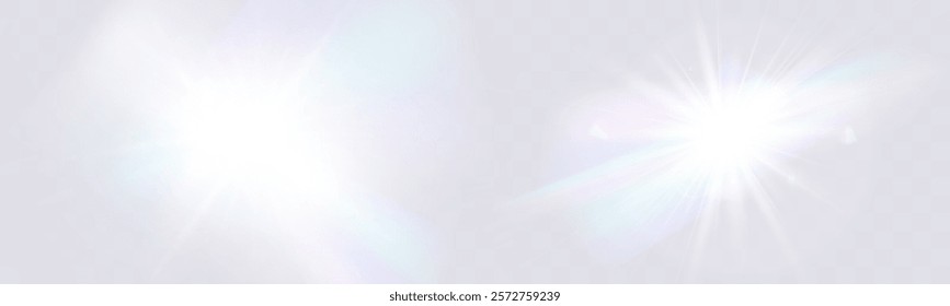 Bright glowing light burst with soft edges and subtle rays on a transparent background, suitable for overlays and design projects.