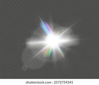 Bright glowing light burst with soft edges and subtle rays on a transparent background, suitable for overlays and design projects.