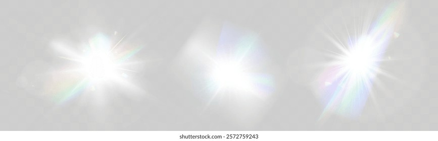 Bright glowing light burst with soft edges and subtle rays on a transparent background, suitable for overlays and design projects.