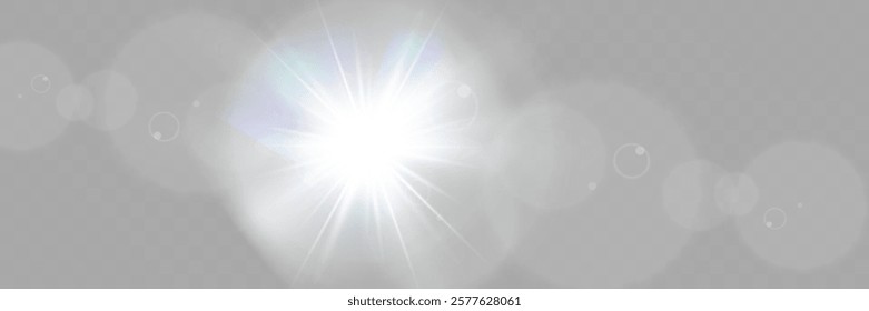 Bright glowing light burst with soft edges and subtle rays on a transparent background, suitable for overlays and design projects.