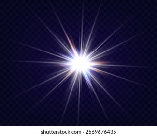 Bright glowing light effect with starburst, radiant beams, and colorful lens flares on a transparent background, ideal for overlays and decoration.