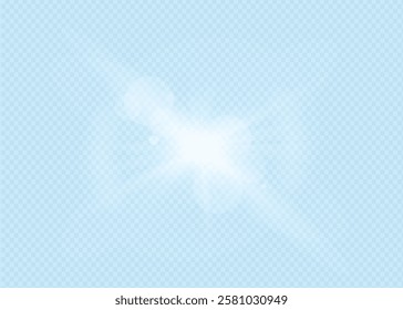 Bright glowing light effect. White star. Solar flare. White glowing light explodes on a transparent background. Starry flares with shimmering glare. Vector illustration