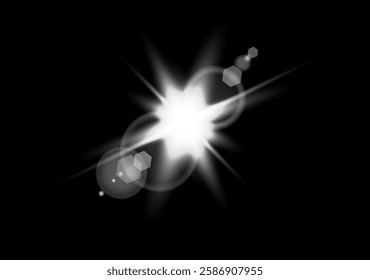 Bright glowing light effect. White star. Solar flare. White glowing light explodes on a transparent background. Starry flares with shimmering glare. Vector illustration