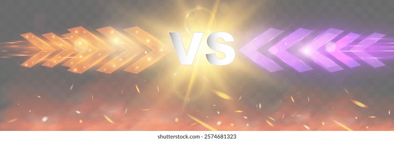 Bright glowing light effects with dynamic arrows in purple, blue, and golden colors pointing towards "VS" text in the center, symbolizing competition or comparison, on a dark background.
