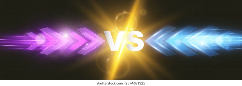 Bright glowing light effects with dynamic arrows in purple, blue, and golden colors pointing towards "VS" text in the center, symbolizing competition or comparison, on a dark background.
