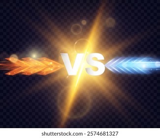 Bright glowing light effects with dynamic arrows in purple, blue, and golden colors pointing towards "VS" text in the center, symbolizing competition or comparison, on a dark background.
