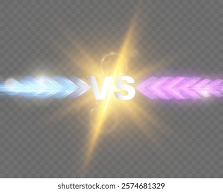 Bright glowing light effects with dynamic arrows in purple, blue, and golden colors pointing towards "VS" text in the center, symbolizing competition or comparison, on a dark background.
