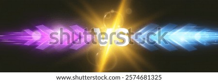 Bright glowing light effects with dynamic arrows in purple, blue, and golden colors pointing towards 