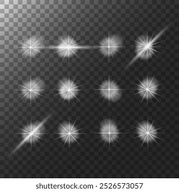 Efeitos de luz brilhantes e brilhantes com planos de fundo transparentes, perfeitos para designs mágicos, de fantasia ou celestes. Adicione rajadas de estrela cintilantes, clarões e explosões para criar visuais elegantes e festivos.