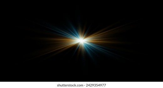 Bright glowing light, star explosion. Glare effect with rays. On a black background.